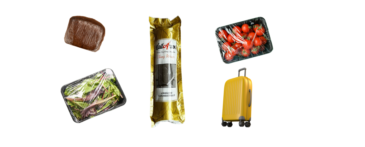 A-display-of-various-food-items-wrapped-in-Kailarun-cling-wrap-showcasing-its-transparency-and-strength-The-branded-cling-wrap-packaging-is-prominently-featured-in-the-background-highlighting-its-quality-and-effectiveness-for-preserving-freshness