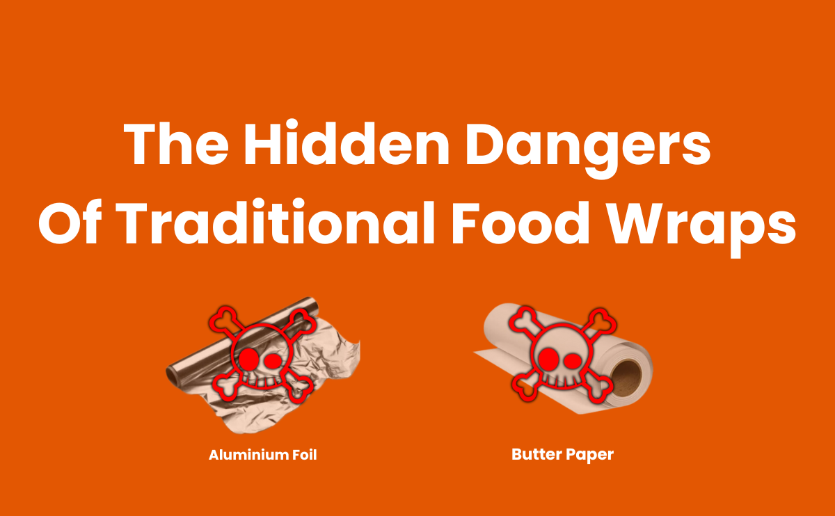 A graphic photo with text : The Hidden Dangers Of Traditional Food Wraps